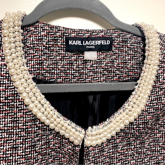 Karl Lagerfeld Elegant Faux Pearls Collar Long Jacket Sz L - Picture 3 of 6